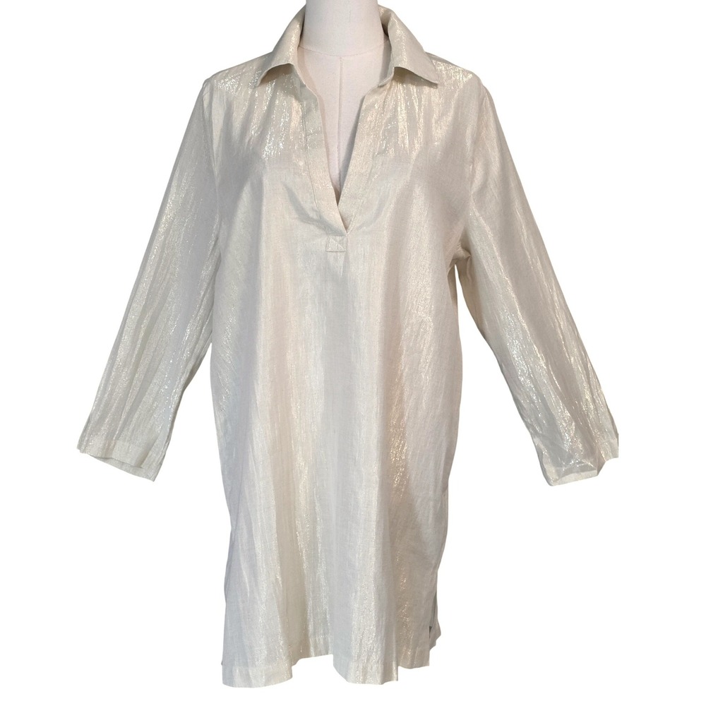 J. Crew Metallic Linen Blend Shirt Dress Tunic Gold Sparkle V-Neck Long Sleeve M